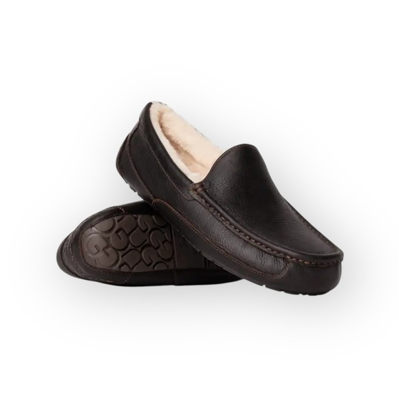 UGG 𖤐 Ascot Fur Lined Leather Moc Slipper Loafer 𖤐 Black Brown 𖤐 12 45 𖤐 Men’s